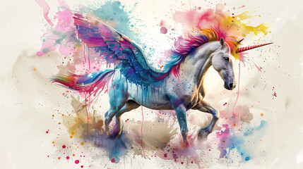 a unicorn with blue wings, and colorful feathery mane, in the style of watercolor illustrations, light violet and light red, dark pink and yellow, dripping paint, full body, angura kei, bright 