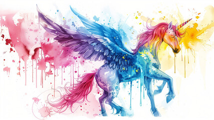 a unicorn with blue wings, and colorful feathery mane, in the style of watercolor illustrations, light violet and light red, dark pink and yellow, dripping paint, full body, angura kei, bright 