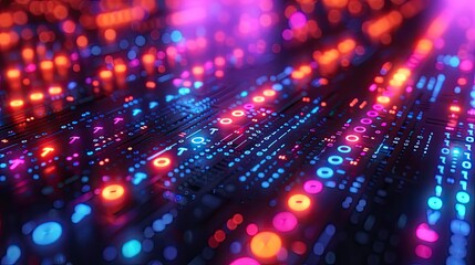 Abstract view of a neon-lit circuit board with vibrant blue and pink lights, representing advanced technology and digital innovation