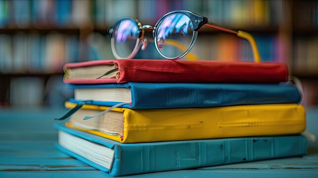 Academic Preparation - Stack of textbooks with bookmarks and eyeglasses, ready for studying and research