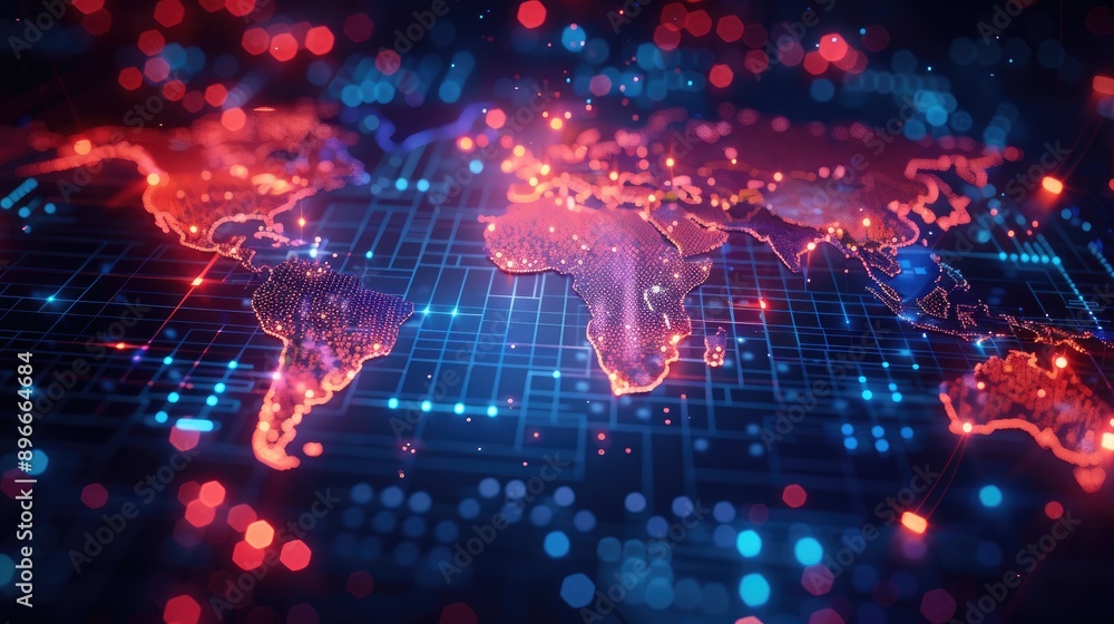 Poster a digital representation of the world map with glowing red and blue dots, symbolizing global connect