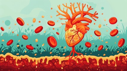 Clogged artery progression, heart disease risk, flat design illustration
