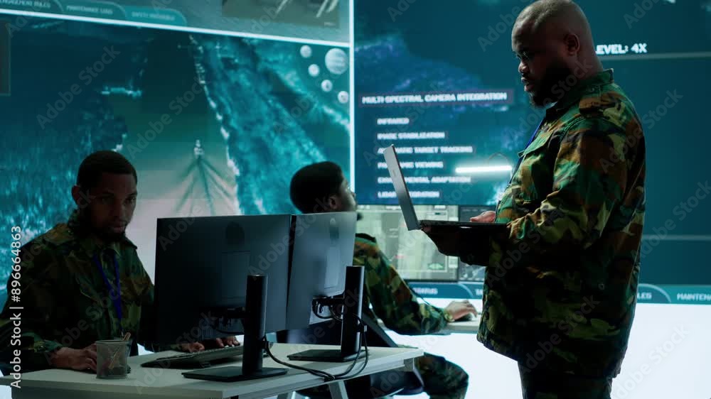 Poster cybersecurity team operates in an advanced military command center, surveillance systems and data pr