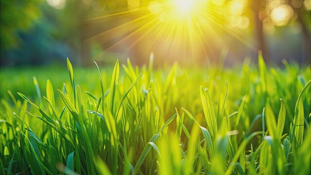 Close up of lush green grass in the sunlight , green, lawn, close up, vibrant, nature, sunny day, selective focus, peaceful