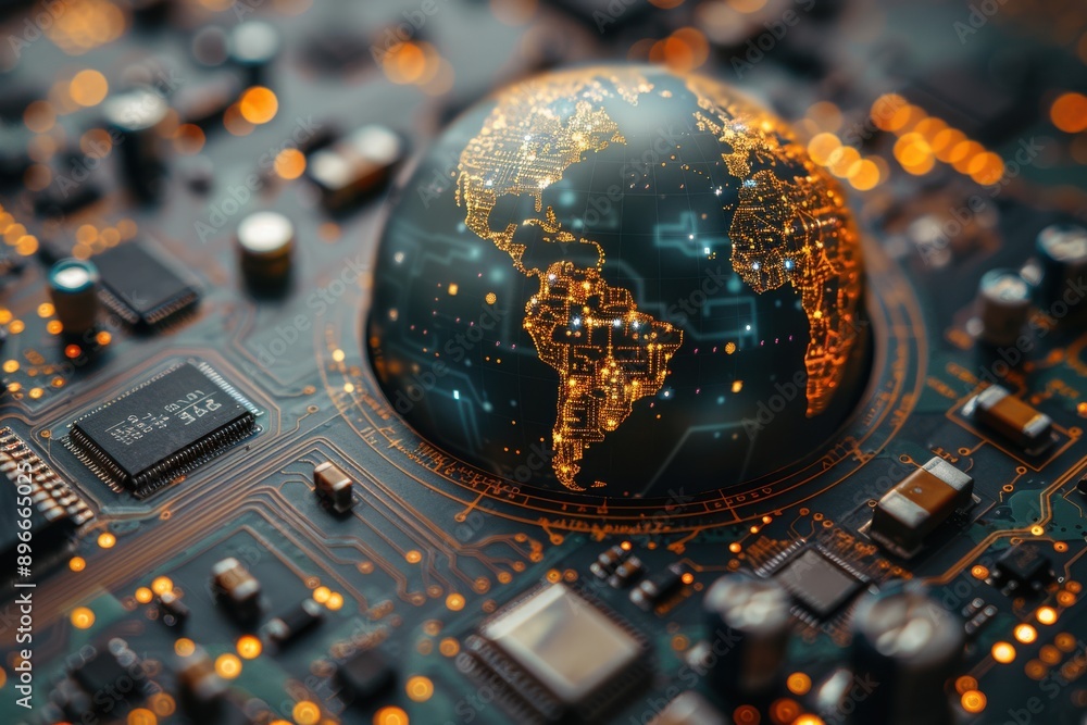 Poster a digital representation of a globe integrated into a circuit board, illuminated with golden lights.