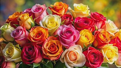 Fototapeta premium Vibrant multicolored roses in red, yellow, and pink shades, flowers, roses, multicolored, vibrant, red, yellow, pink, petals