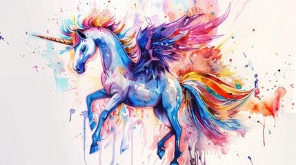 a unicorn with blue wings, and colorful feathery mane, in the style of watercolor illustrations, light violet and light red, dark pink and yellow, dripping paint, full body, angura kei, bright 