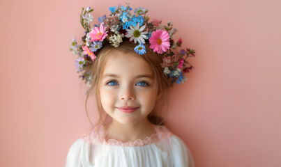 Fototapeta premium Portrait of blonde little girl with flower wreath on head, studio shot pink background, copy space