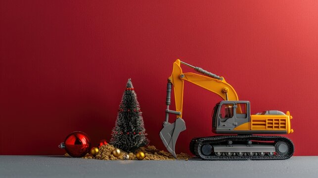 Festive holiday themed construction equipment with Christmas tree decorations on red and gray backdrop for advertising card or flat lay arrangement