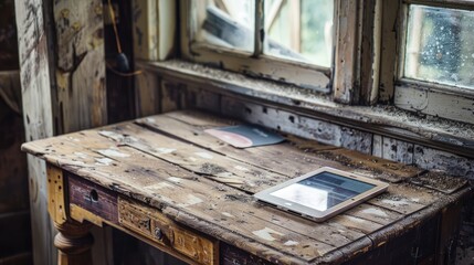 Obraz premium Old wooden desk with digital tablet computer