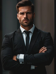 A handsome man in a suit, with his arms crossed and looking at the camera