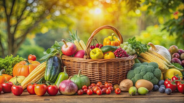 Abundant harvest of fresh fruits and vegetables against a beautiful natural background , bountiful, plentiful, harvest