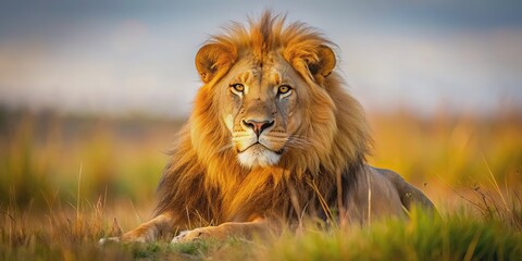 Obraz premium Close up image of a majestic lion resting in the savannah, wildlife, lion, predator, savannah, Africa, wild, majestic