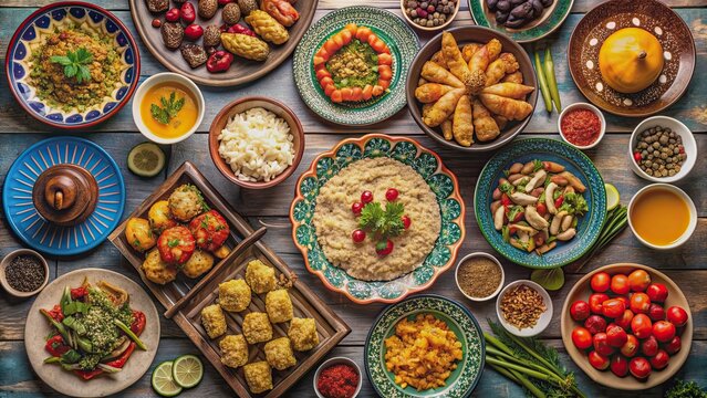 A beautifully set table with an assortment of delicious Iftar dishes , Ramadan, breaking fast