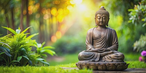 Buddha statue peacefully sitting outdoors in a serene garden setting, Buddhism, serene, meditation, peaceful, garden