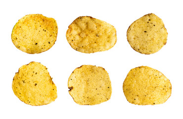 Collection of potato chips in various shapes isolated on white