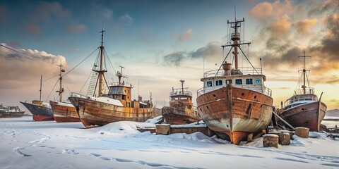 Obraz premium Old rusty ships being dismantled in a snowy winter setting , ship breaking, ship graveyard, dismantling, rusty, metal, winter