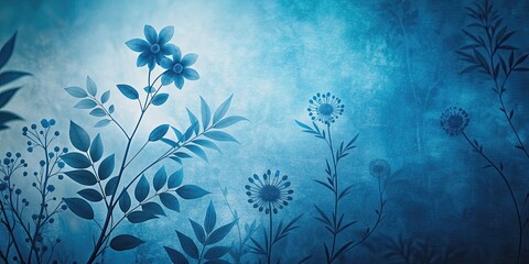 Blue cyanotype silhouette plant background with floral motifs, floral, blue, cyanotype, silhouette, plant, background