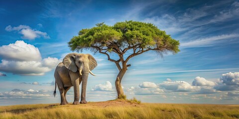 Fototapeta premium Lonely elephant sitting on top of a tall tree , isolated, wildlife, solitude, majestic, contemplation, nature, giant