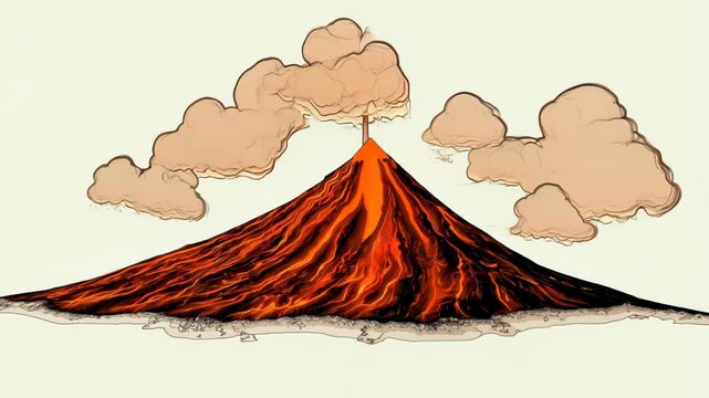 Wide shot: Volcanic island landscape with rugged peaks and flowing lava. Hand-drawn lines transform into vibrant, moving scene. Erupting volcano adds dynamic element to serene mountain vista.	