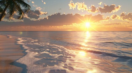 A peaceful 3D clipart of a sunrise over a beach