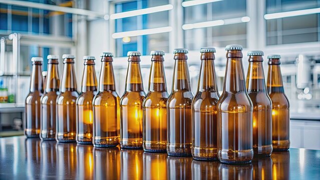 Bottles of beer arranged in a laboratory setting, craft beer, science, research, experiment, analysis