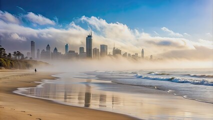 Obraz premium Beach scene with fog at daytime with city skyline in background, beach, fog, mist, sea, city, skyline, foggy, atmospheric