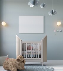 Mock up poster in children bedroom interior background, neo classic style, 3D render