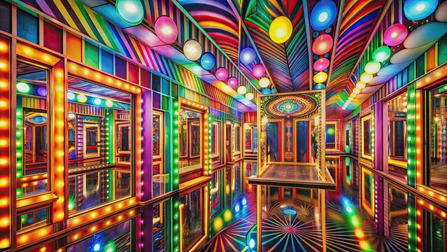 Funhouse with distorted mirrors in vibrant colors , whimsical, colorful, amusement, attraction, carnival, reflection, mirror