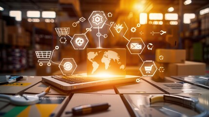 Fototapeta premium Supply Chain Management Concept: A Comprehensive Process of Planning, Organizing, and Controlling Resources to Satisfy Customer Needs with Efficient Flow and Storage of Goods and Services