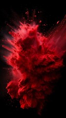 Fototapeta premium Dynamic explosion of vibrant red powder against a black background, creating a dramatic and energetic visual impact.
