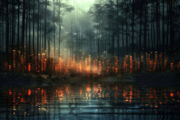 Obraz premium A serene, mystical forest illuminated by ethereal glowing lights, reflected in a still water surface