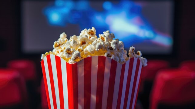Popcorn paper box in movie theatre. Red seats and screen at the cinema. Red and white plastic glass full of popcorn - Powered by Adobe