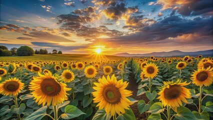 Obraz premium Sunflower field in full bloom during a stunning sunset, sunflower, field, bloom, sunset, nature, colorful, agriculture, beauty