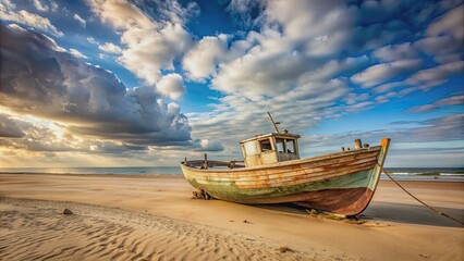 Obraz premium Old vintage fishing boat abandoned on sandy beach , boat, fishing, vintage, aged, weathered, abandoned, beach, sand, coast, old