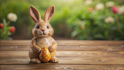 Easter bunny figurine on wooden table, Pascha or Resurrection Sunday concept, rabbit, wooden table, Easter