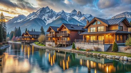 Rustic wooden village and modern luxury home by serene river with snowcapped mountains , rustic, wooden, village, modern