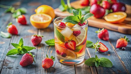 A refreshing summer cocktail featuring fresh fruit and herbs , summer, cocktail, refreshing, drink, beverage, alcohol, fruity