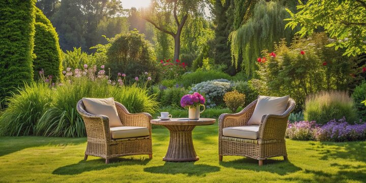 Summer garden scene with two armchairs and a table for relaxing outdoors, summer, garden, outdoor, armchairs, table