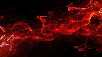 Fire flames on black background. Fire fiery background, red flames, sparks and waving white smoke on black background. Flaming effect with burning fire.
