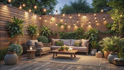 Cozy backyard patio setup with string lights, plants, and comfortable seating , outdoor, relaxing, summer, garden