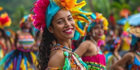 Smiling young women in colorful native costumes and a crowd at a lively summer party.