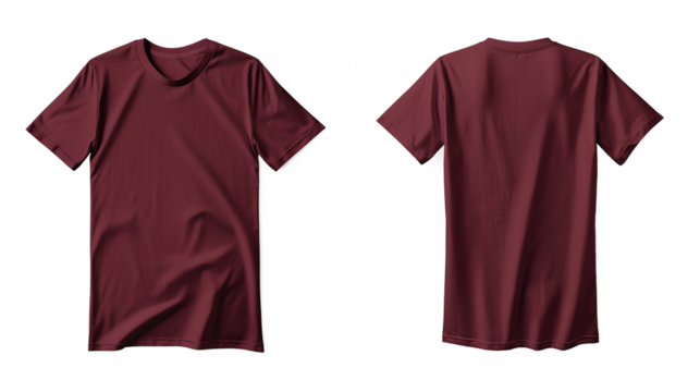 Maroon Red T-Shirt Front and Back Mockup on Transparent Background PNG - Shirt Clothing Fashion Blank Template Design Clothes Cotton Clothes Plain Textile Wear Top Tee
