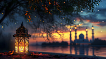 Fototapeta premium Illuminated Lantern with Blurred Mosque Silhouette at Sunset