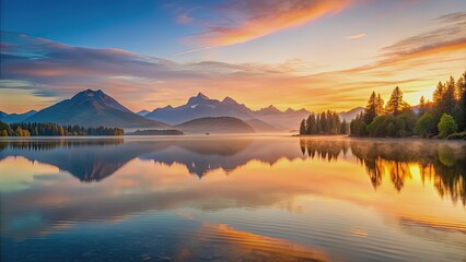 Fototapeta premium Serene lakeside at sunrise with mountains in the background and calm water reflecting the sky, serene, lakeside
