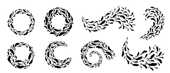 Circular school of fish forming intricate border designs. This stunning underwater visual is perfect for showcasing marine life in the sea, ornament frame design and logo sea graphic.