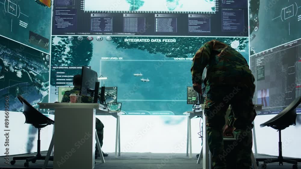 Aufkleber officer managing surveillance cctv system with data analysis and processing, gathering real time int