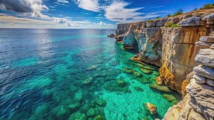 Obraz premium Rocky cliff jutting out over turquoise sea waters, rocky ledge, blue ocean, coastal, stunning view, nature, scenic
