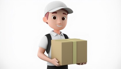 3d delivery man standing and holding package and copy space for text, isolated on a white background