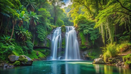 Fototapeta premium Serene waterfall in a lush tropical forest setting, waterfall, lush vegetation, nature, serene, tranquil, scenery